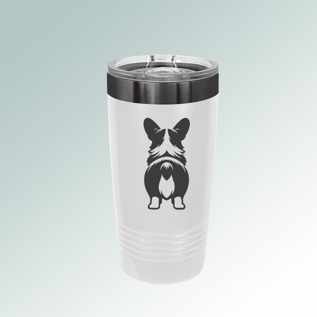Personalized insulated corgi tumbler with your choice of corgi design and custom engraved text.