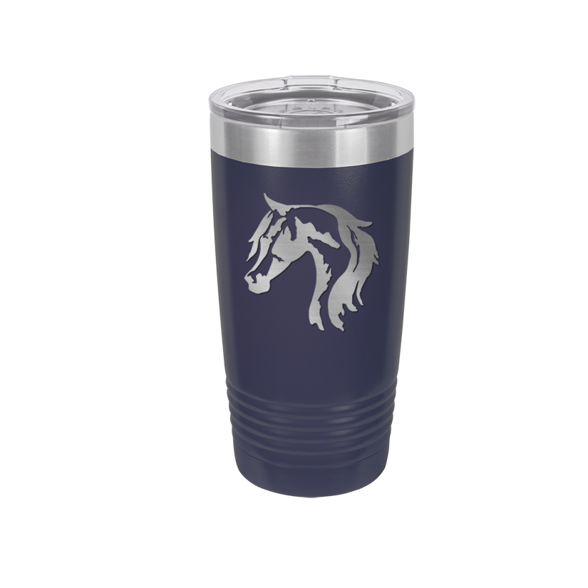 Personalized vacuum insulated ringneck tumbler with your choice of horse design 2 and custom engraved text.