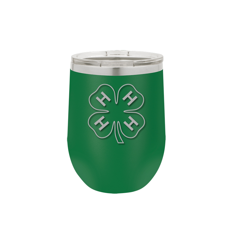 Custom engraved stainless steel stemless wine glass with laser engraved 4-H logo and text.  4-H Tumbler