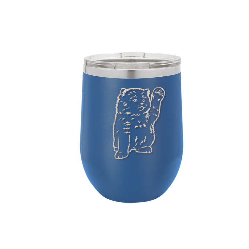Personalized stemless stainless steel wine tumbler with custom engraved cat design and text.