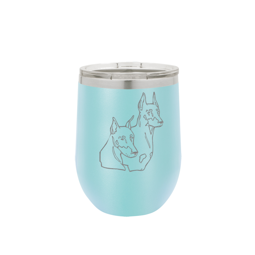 Personalized stemless stainless steel wine glass with custom engraved Doberman dog design and text.