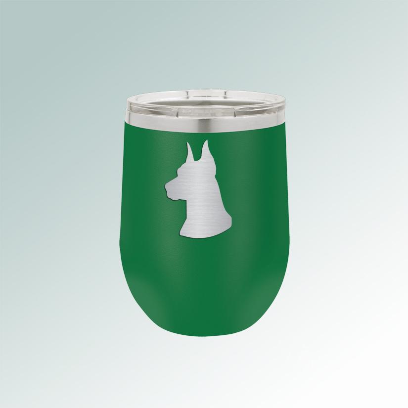 Custom engraved stainless steel stemless doberman wine tumbler with laser engraved doberman dog design and text. 25+ Doberman designs to choose from.