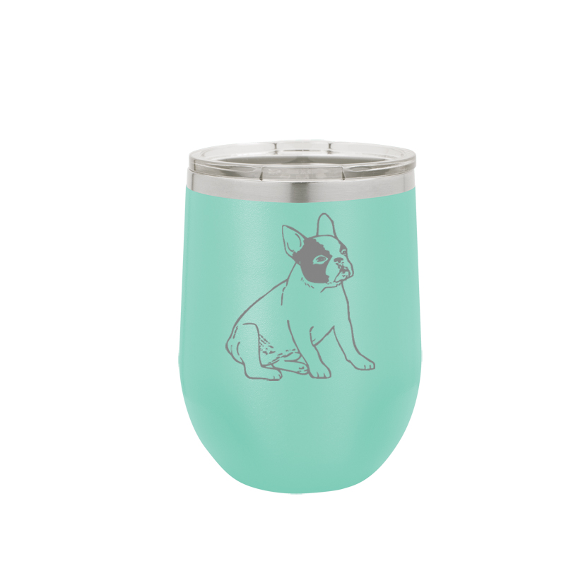 Custom engraved stainless steel stemless wine tumbler with laser engraved dog design 2 and text. Dog Wine Glass