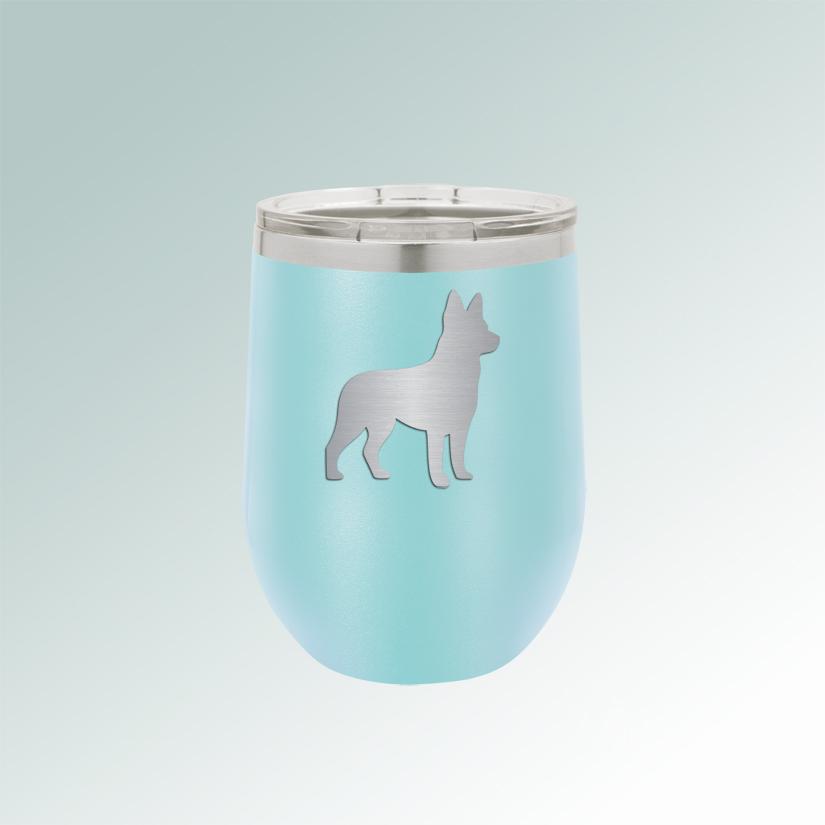 Custom engraved stainless steel stemless dog breed wine tumbler with laser engraved dog breed & text. 100+ dog breeds to choose from.