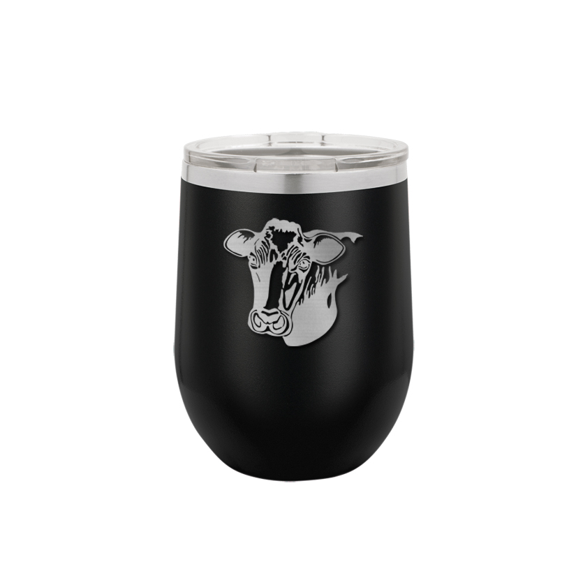 Custom engraved stainless steel stemless wine tumbler with laser engraved farm animal design and text. Farm Animal Wine Glass