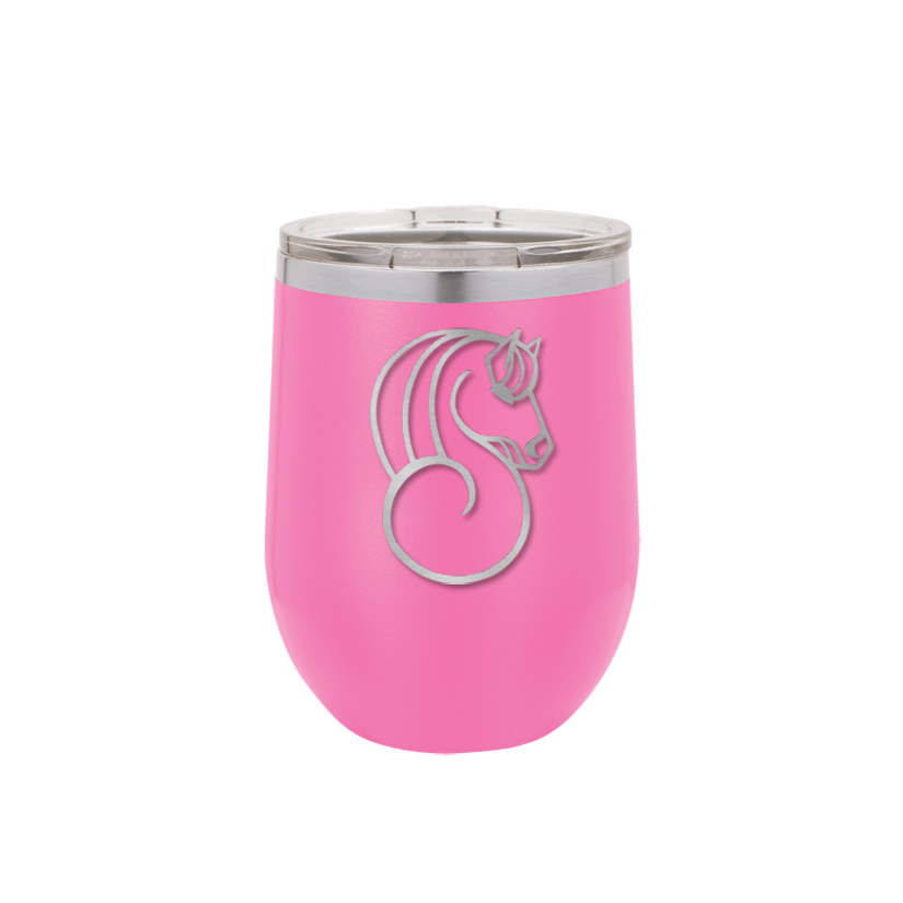 Custom engraved stainless steel stemless wine tumbler with laser engraved horse design 3 and text. Equestrian Wine Glass