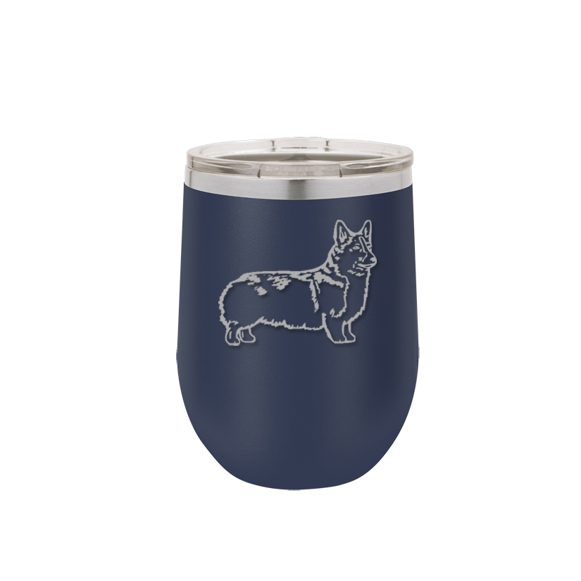 Personalized stemless stainless steel wine tumbler with custom engraved Welsh Corgi dog design and text.