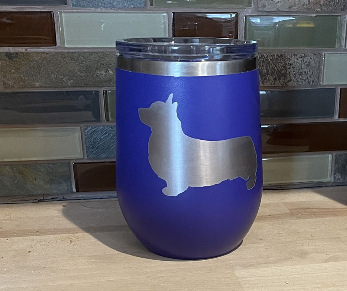 Engraved Pembroke Welsh Corgi wine tumbler with an engraved corgi design. Corgi Wine Glass