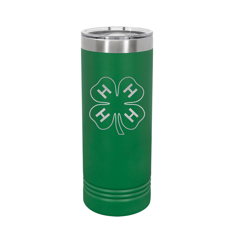 Custom engraved vacuum insulated skinny tumbler with your choice of 4-H logo and personalized text.  4-H Tumbler | 4-H Travel Mug