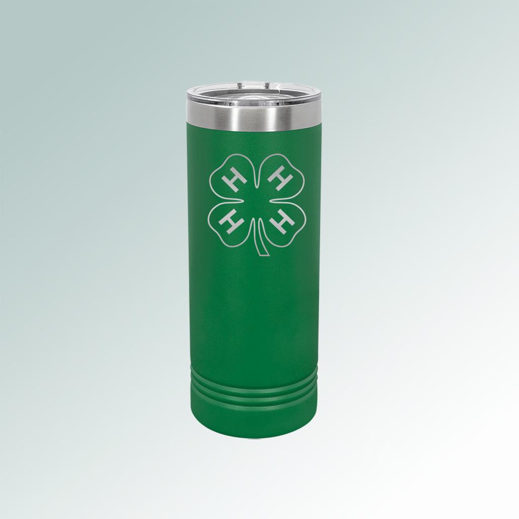 Personalized stainless steel 4-H skinny tumbler with your choice of 4-H logo and custom engraved text.