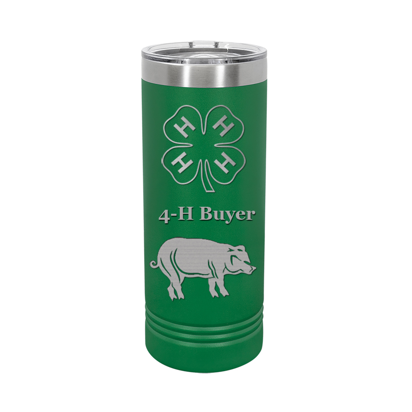 Personalized stainless steel skinny tumbler with your choice of 4-H logo, farm animal design and custom engraved text. 4-H Tumbler