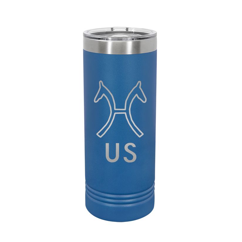 Personalized stainless steel skinny tumbler with your choice of horse breed logo and custom engraved text. Equestrian Tumbler