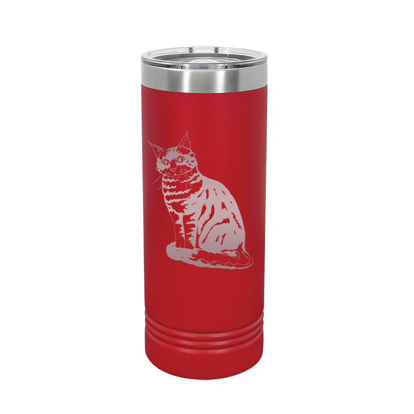 Custom engraved vacuum insulated skinny tumbler with your choice of cat design and personalized text. Cat Travel Mug