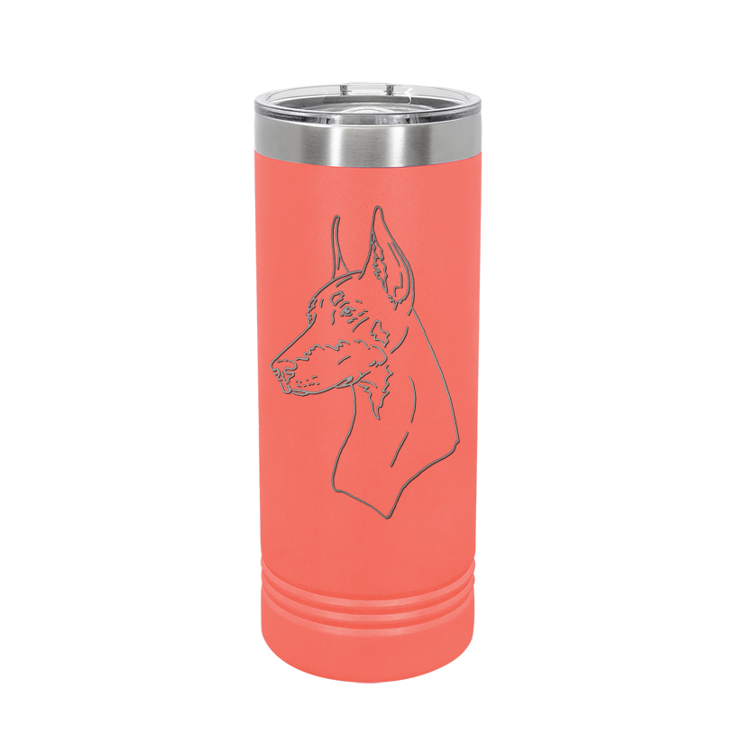 Custom engraved vacuum insulated skinny tumbler with your choice of Doberman design and personalized text. Doberman Travel Mug