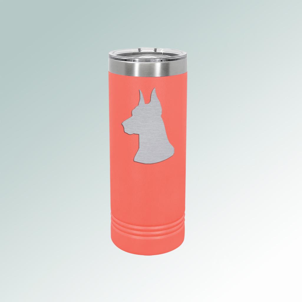 Custom engraved vacuum insulated doberman skinny tumbler with your choice of doberman design and personalized text. 25+ Doberman designs to choose from.