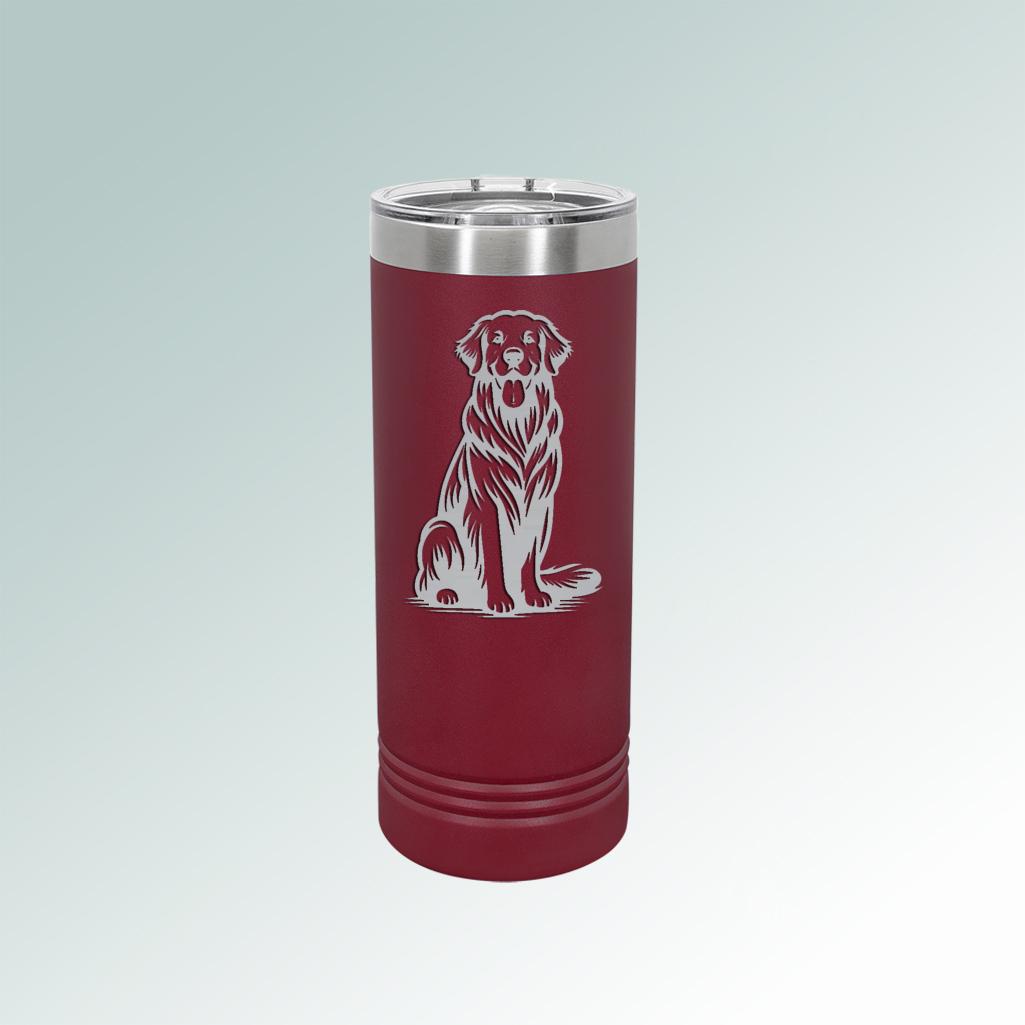 Personalized stainless steel golden retriever  skinny tumbler with your choice of design & custom engraved text. 80+ Golden Retriever designs to choose from.