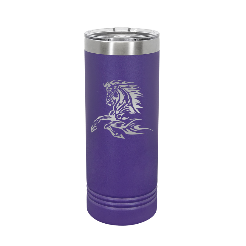 Custom engraved vacuum insulated skinny tumbler with your choice of horse design and personalized text. Equestrian Travel Mug