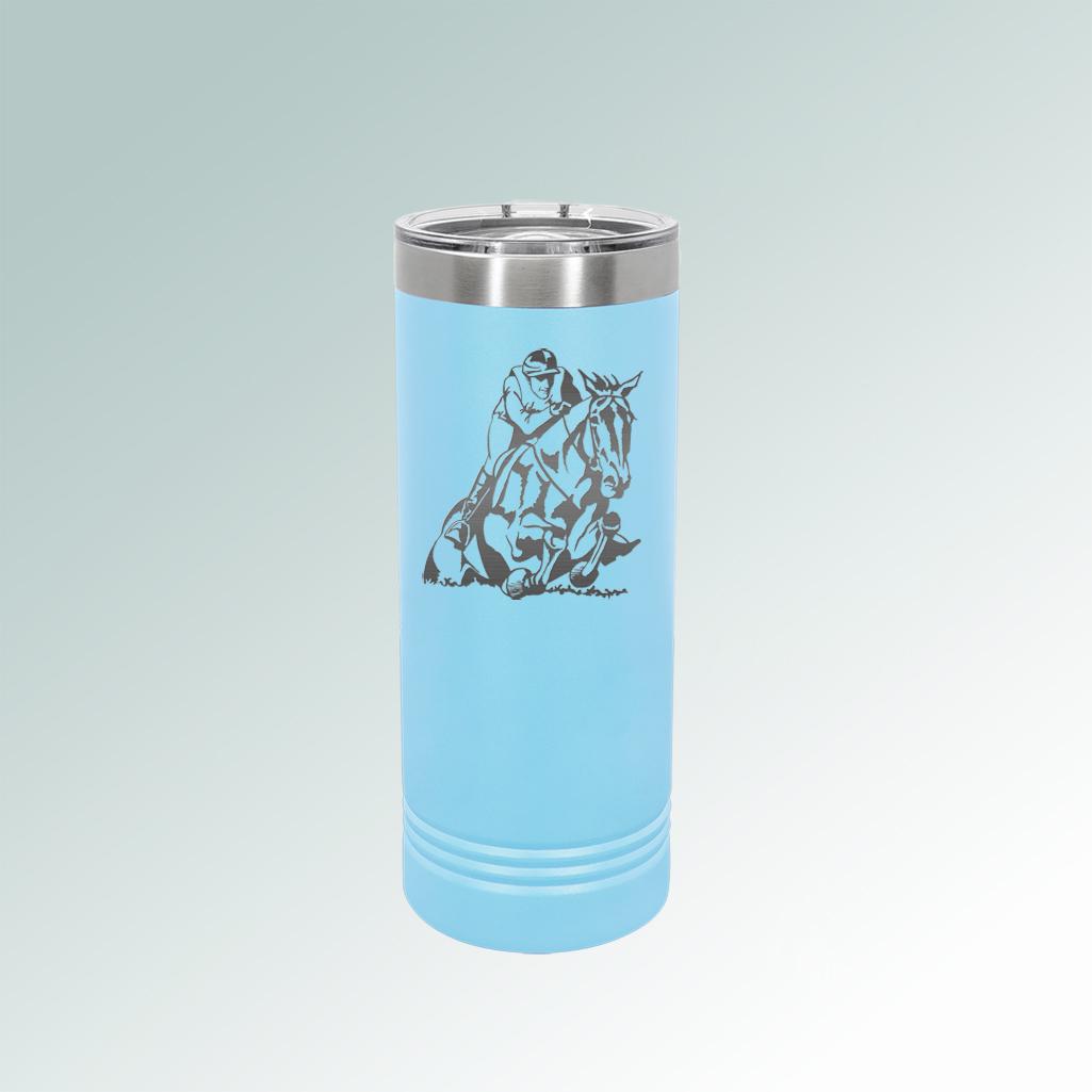 Custom engraved vacuum insulated horse skinny tumbler with your choice of horse design and personalized text. 145+ horse designs to choose from.