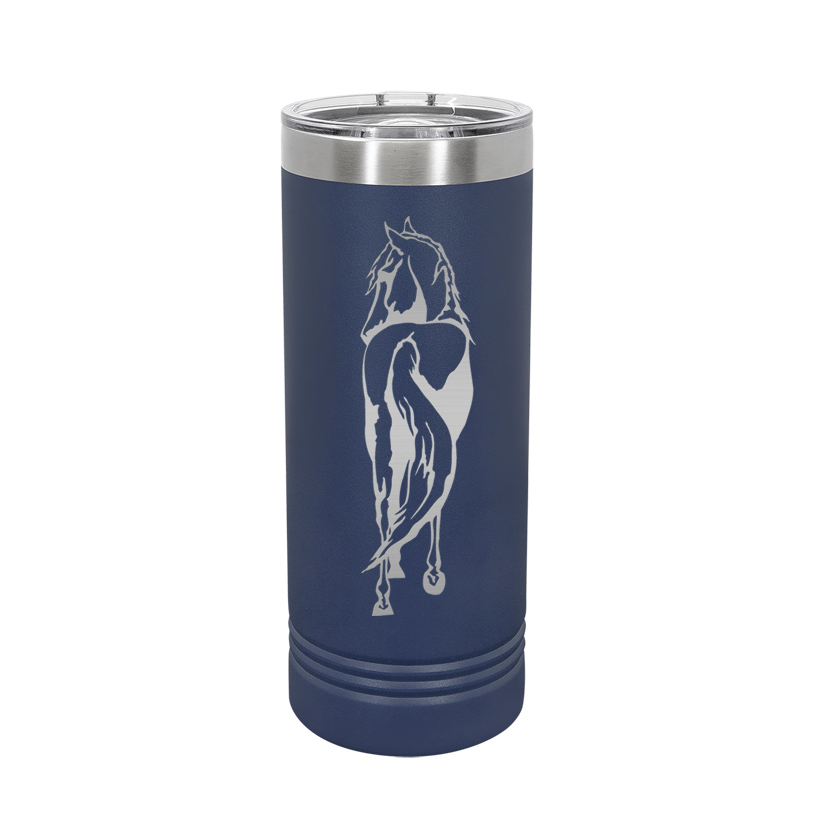Personalized stainless steel skinny tumbler with your choice of horse design 2 and custom engraved text. Equestrian Travel Mug