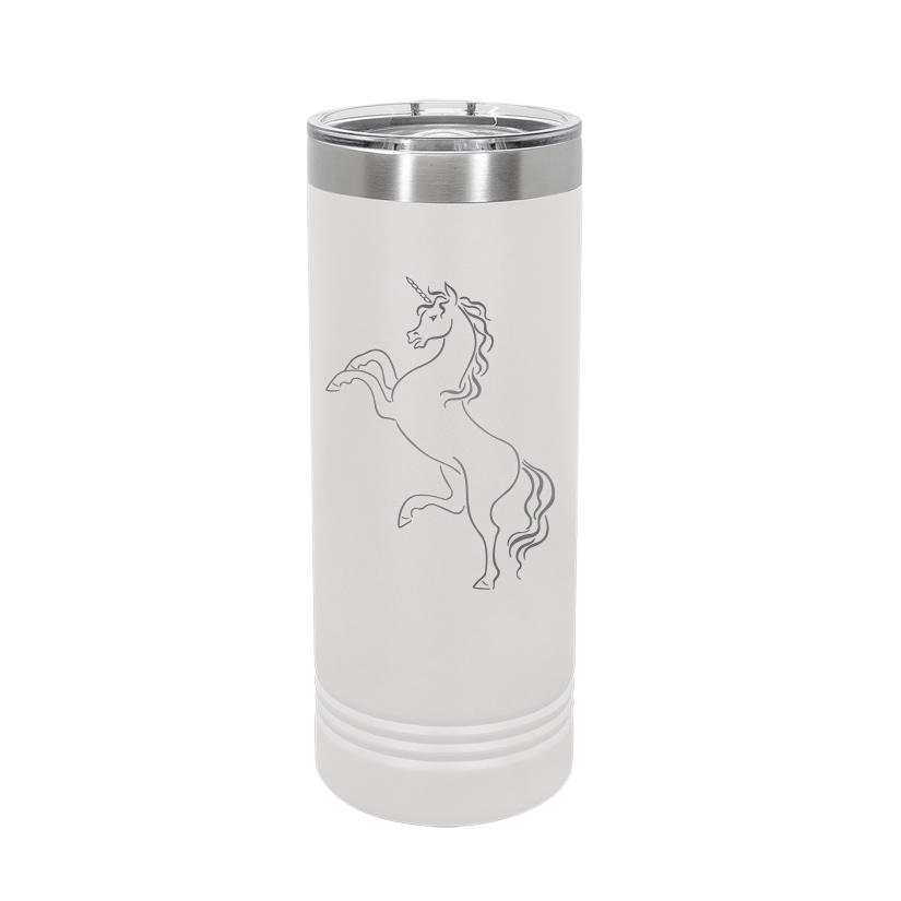 Custom engraved vacuum insulated skinny tumbler with your choice of horse design 3 and personalized text. Equestrian Travel Mug