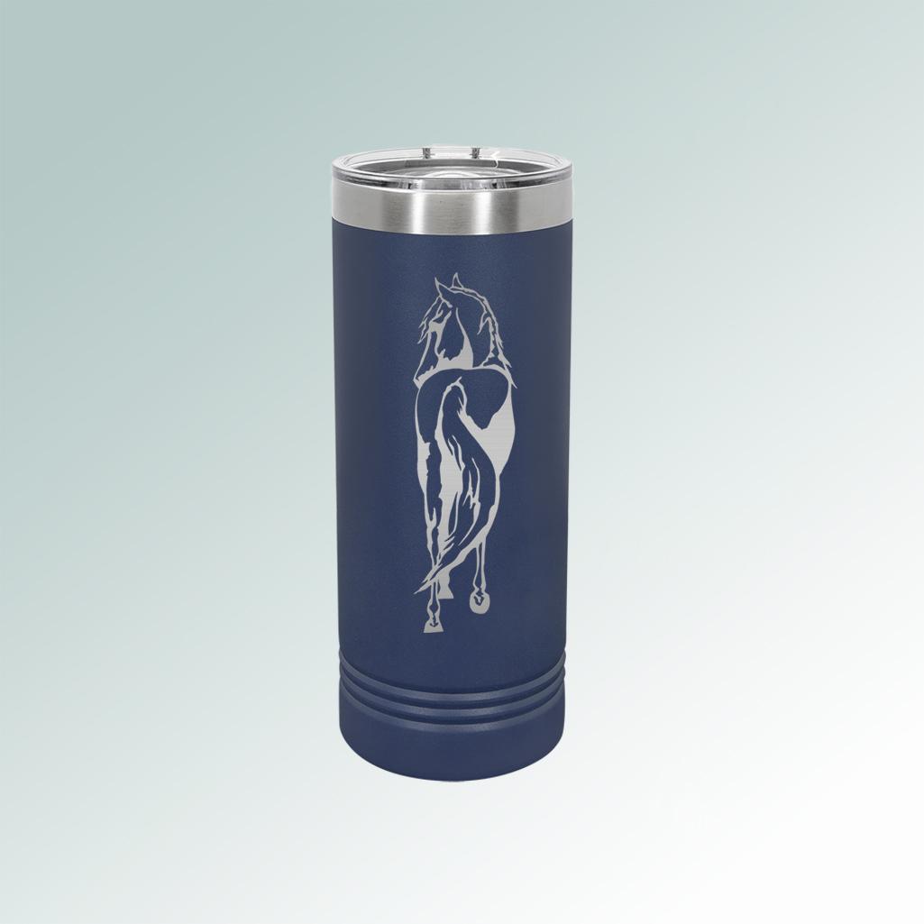 Custom engraved vacuum insulated horse silhouette skinny tumbler with your choice of silhouette and personalized text. 85+ horse silhouettes to choose from.