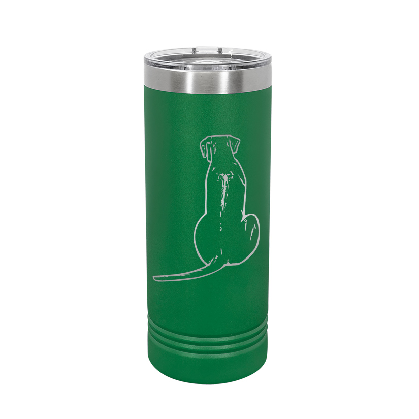 Custom engraved vacuum insulated skinny tumbler with your choice of dog design and personalized text. Dog Travel Mug