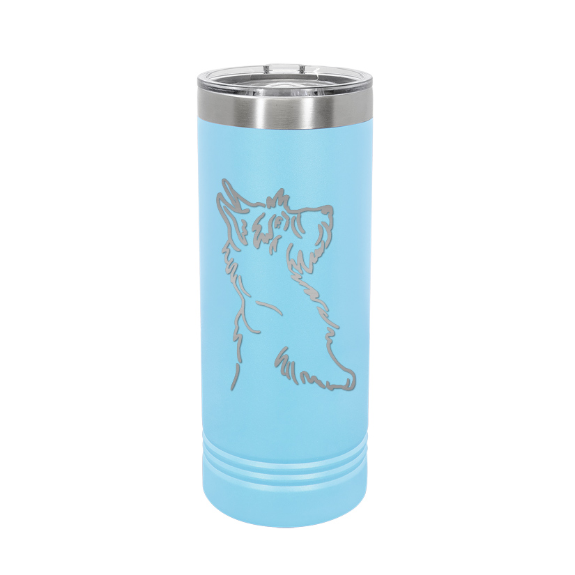 Custom engraved vacuum insulated skinny tumbler with your choice of dog design 3 and personalized text. Dog Travel Mug