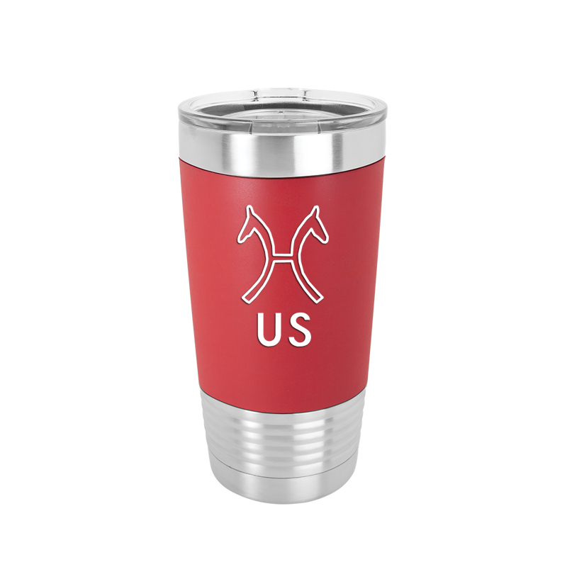 Custom engraved vacuum insulated silicone grip tumbler with your choice of horse breed logo and personalized text.