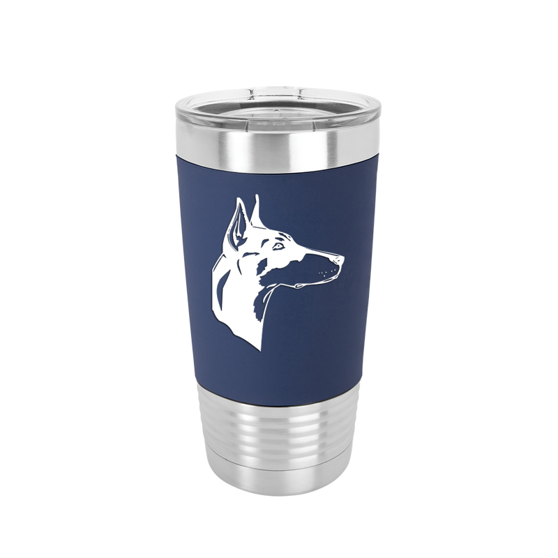 Custom engraved vacuum insulated silicone grip tumbler with your choice of Doberman design and personalized text.
