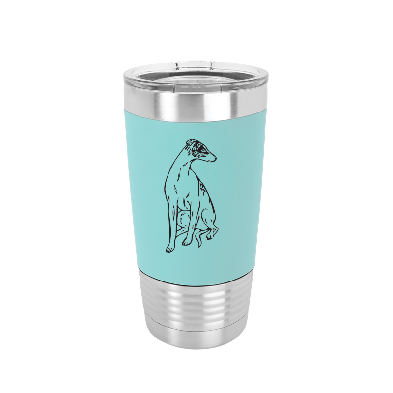 Personalized vacuum insulated silicone wrapped travel mug with your choice of herding dog design and custom engraved text. Dog Mug