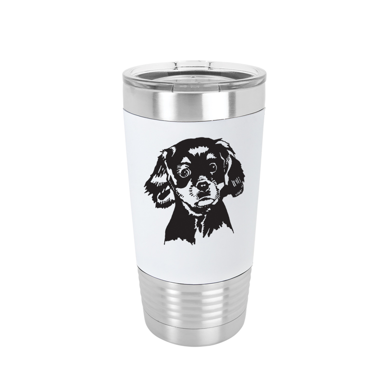 Personalized vacuum insulated silicone wrapped travel mug with your choice of dog design 4 and custom engraved text. Travel Mug