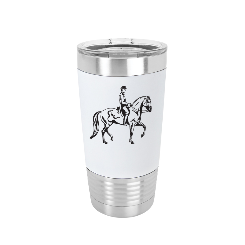 Personalized vacuum insulated silicone wrapped travel mug with your choice of horse design 2 and custom engraved text. Equestrian Tumbler