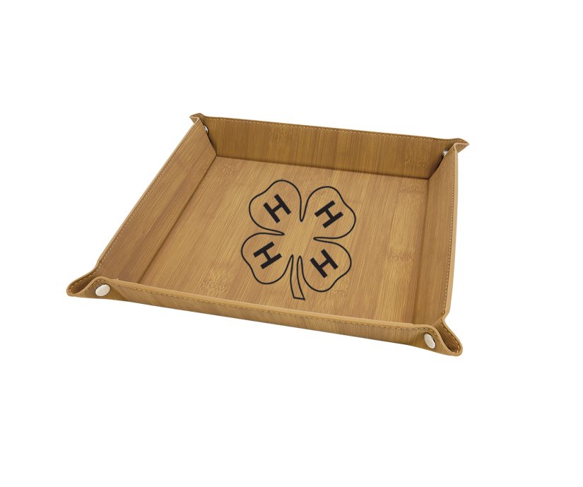 Personalized leatherette folding valet tray with your choice of engraved text and 4-H logo.
