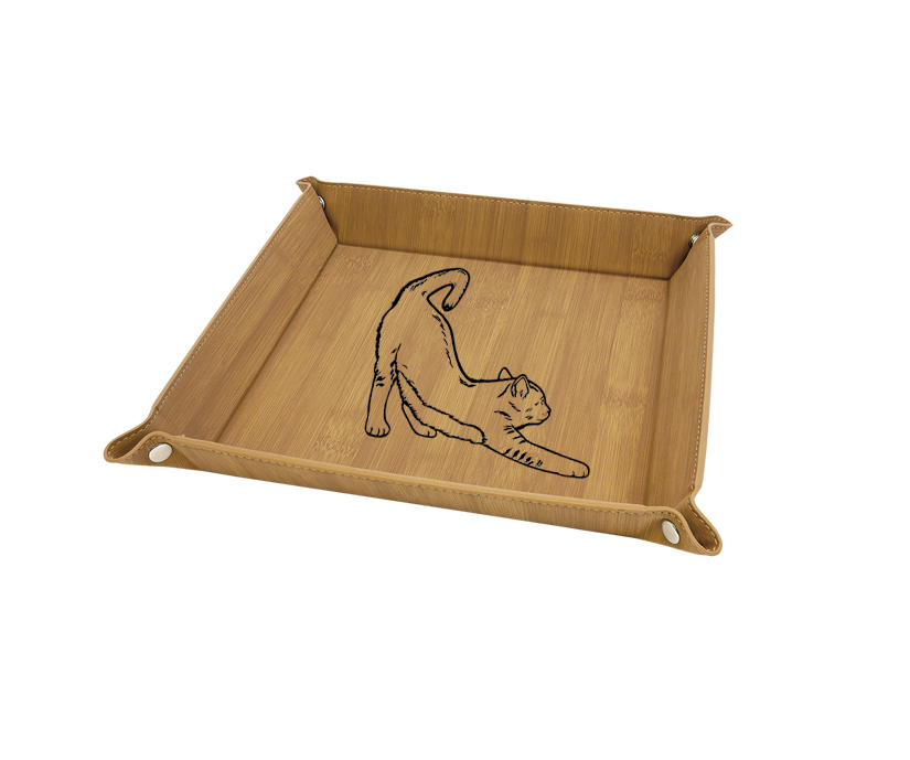 Personalized leatherette folding valet tray with your choice of engraved text and cat design.