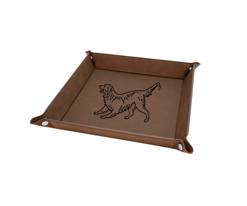 Personalized leatherette folding valet tray with your choice of engraved text and Golden Retriever design.