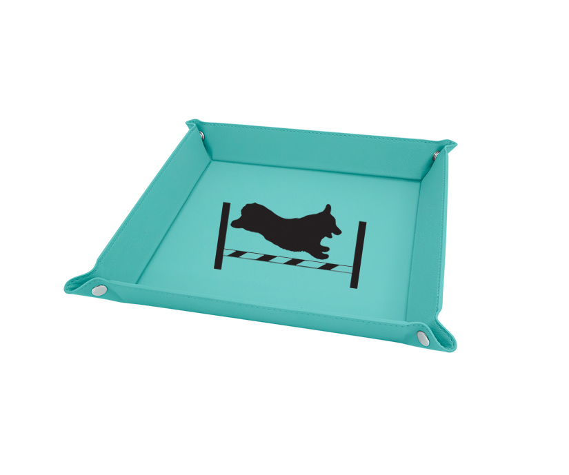 Personalized leatherette folding valet tray with your choice of engraved text and corgi design.