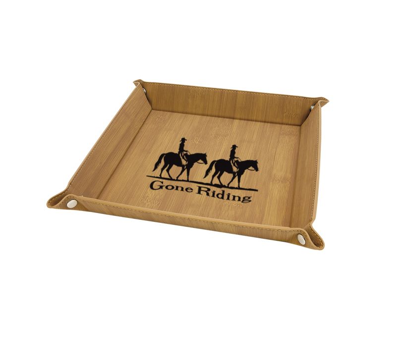 Personalized leatherette folding valet tray with your choice of engraved text and horse design 3.