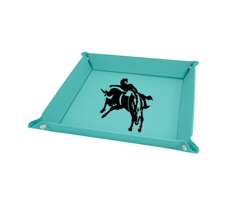 Personalized leatherette folding valet tray with your choice of engraved text and rodeo design.