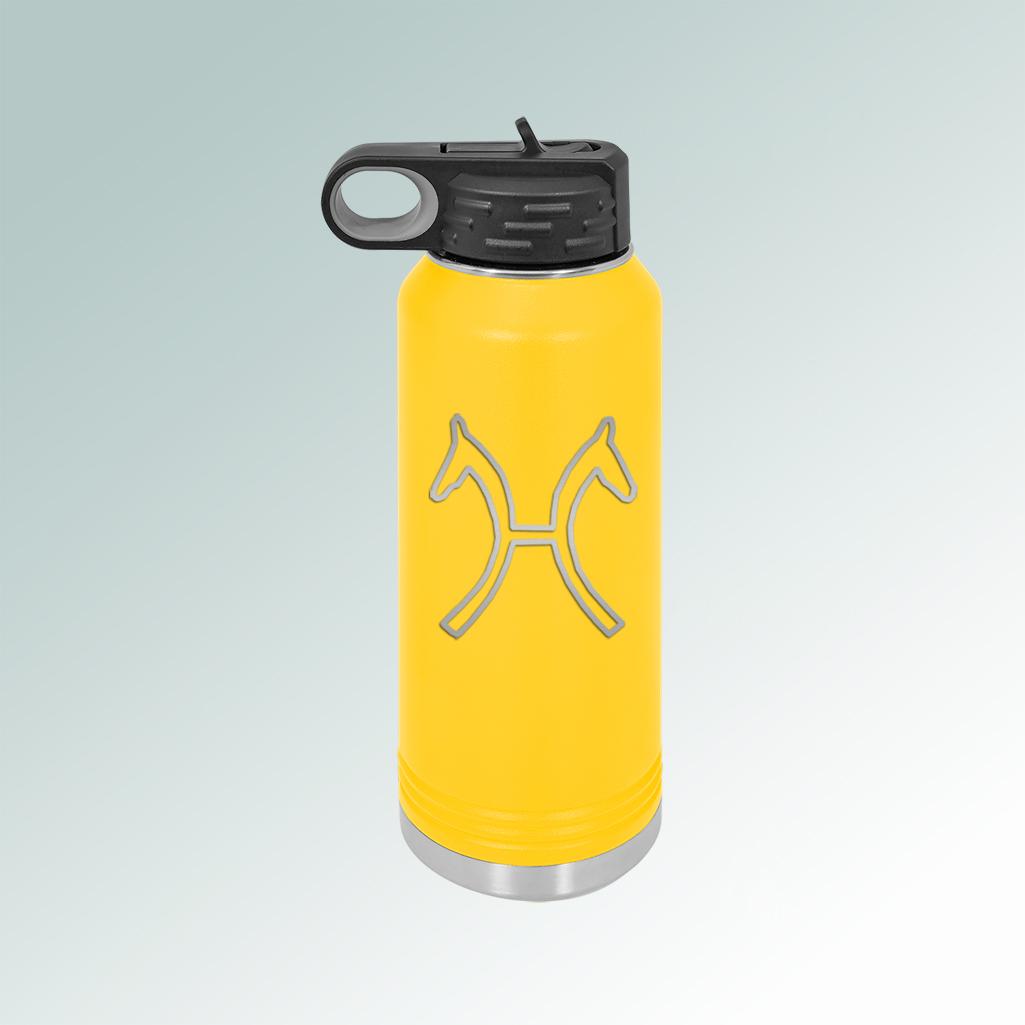 Personalized stainless steel horse breed logo water bottle with your choice of logo and custom engraved text. 25+ horse breed logos to choose from.