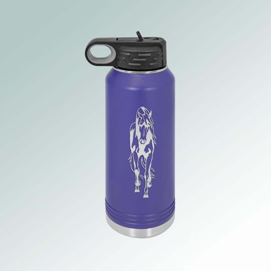 Personalized stainless steel horse silhouette water bottle with your choice of silhouette  & custom engraved text. 85+ horse silhouettes to choose from.