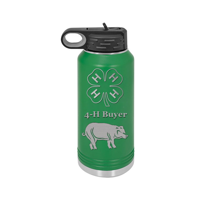 Custom engraved stainless steel 4-H water bottle with your choice of 4-H logo, farm animal design and personalized text. 4-H Water Bottle
