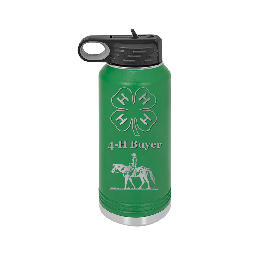 Custom engraved stainless steel 4-H water bottle with your choice of 4-H logo, horse design 2 and personalized text. 4-H Water Bottle