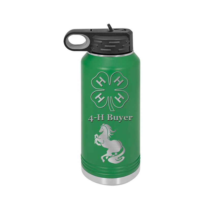 Personalized stainless steel 4-H water bottle with your choice of 4-H logo, horse design 3 and custom engraved text. 4-H Water Bottle