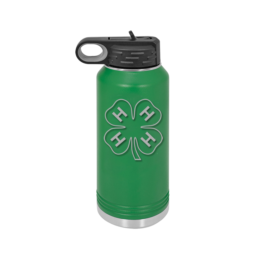 Custom engraved stainless steel pilot water bottle with your choice of 4-H logo and personalized text.