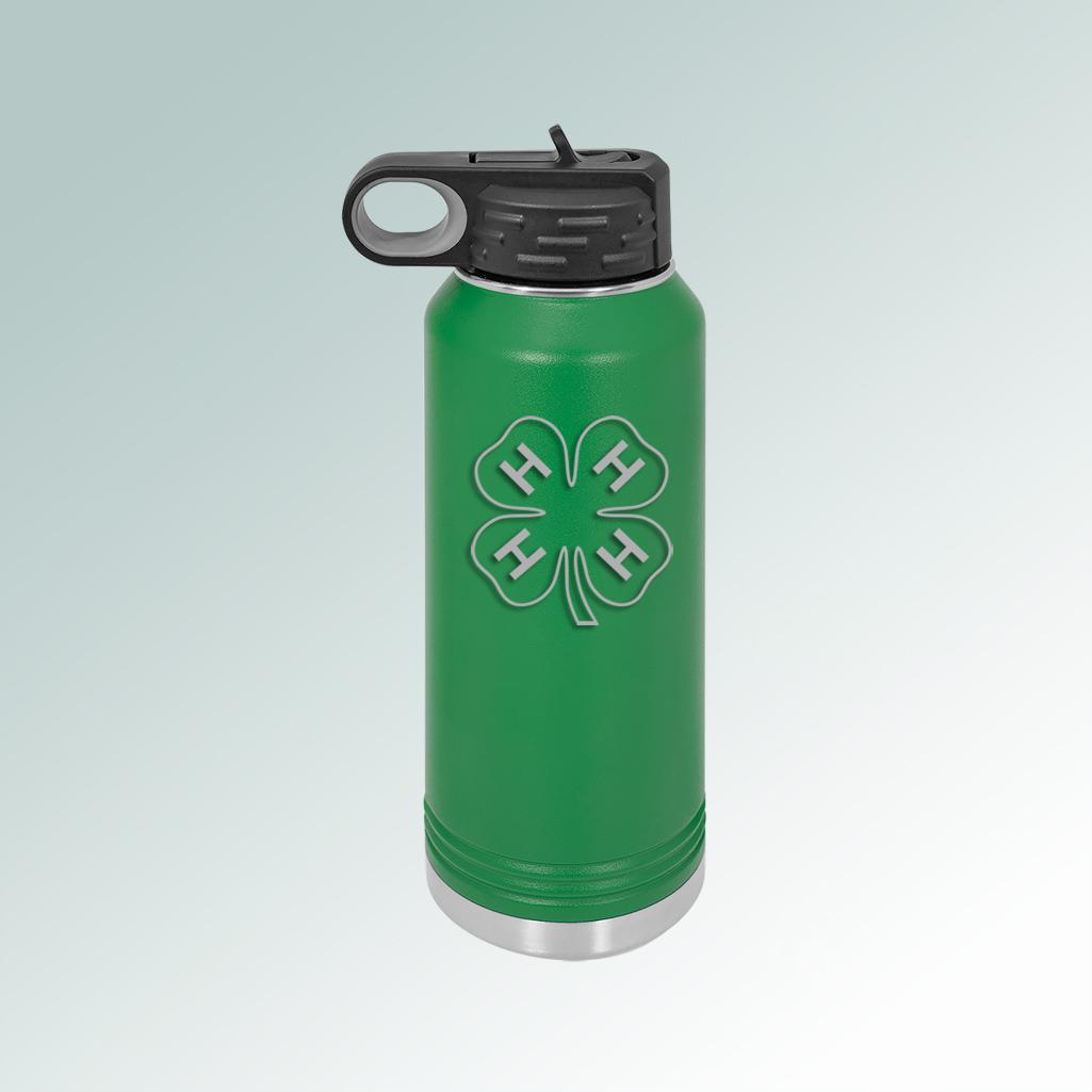 Personalized stainless steel 4-H water bottle with your choice of 4-H logo and personalized text. 4H Water Bottle