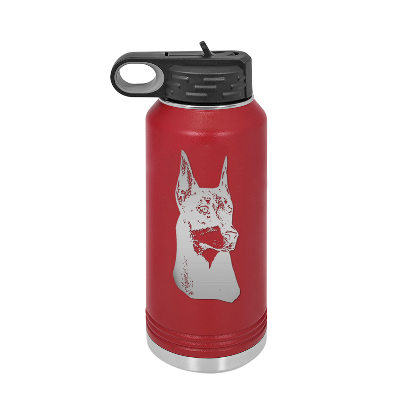 Personalized stainless steel Doberman water bottle with your choice of Doberman design and custom engraved text.