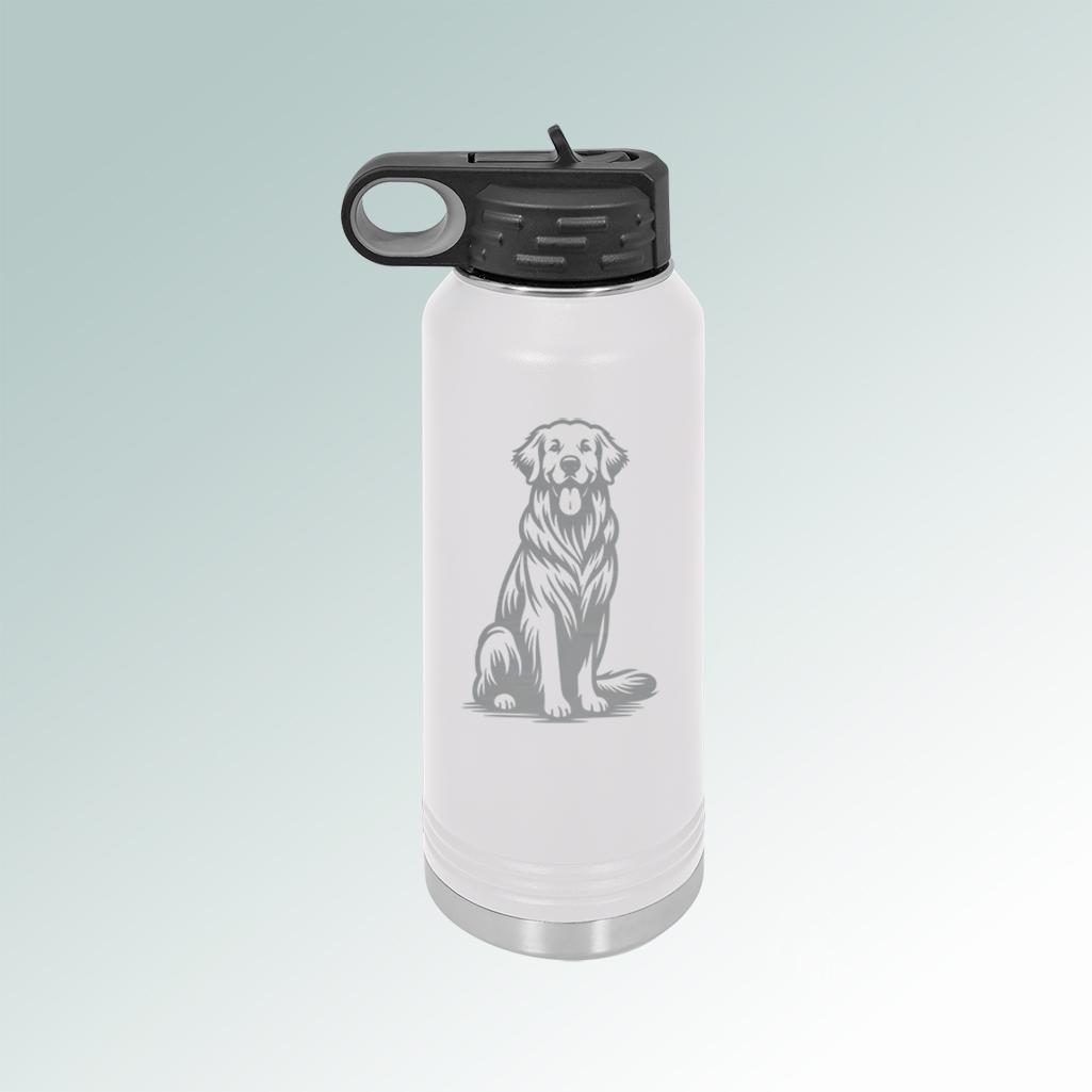 Personalized stainless steel golden retrieve water bottle with your choice of design and custom engraved text. 80+ golden retriever designs to choose from.