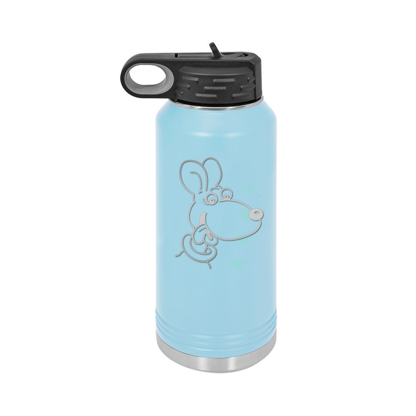 Personalized stainless steel water bottle with your choice of misc dog design and custom engraved text.