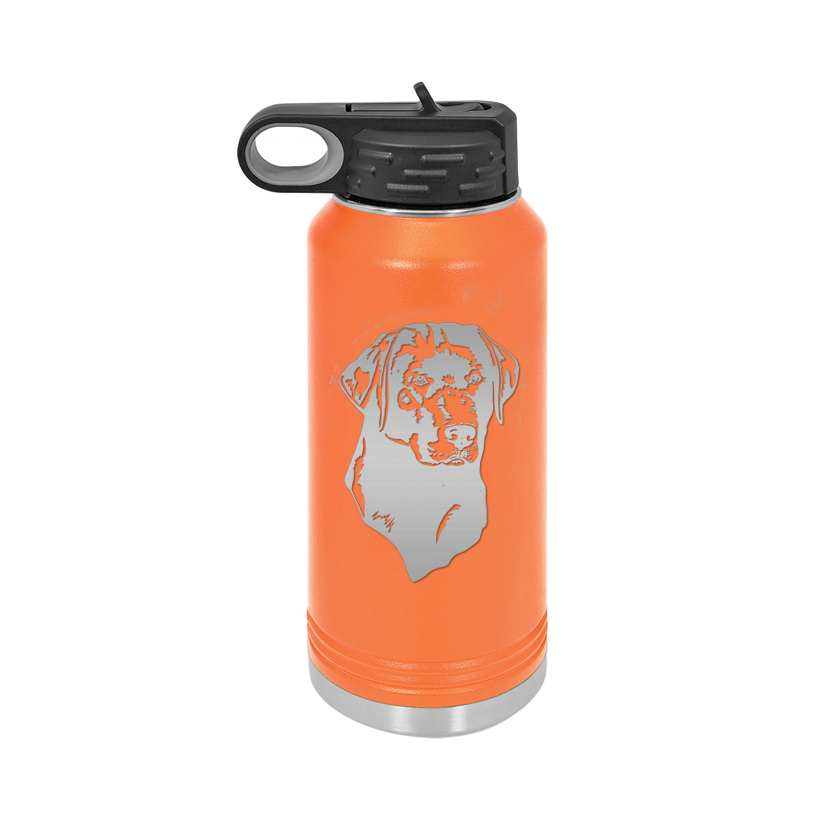Personalized stainless steel sporting dog water bottle with your choice of sporting dog design and custom engraved text.