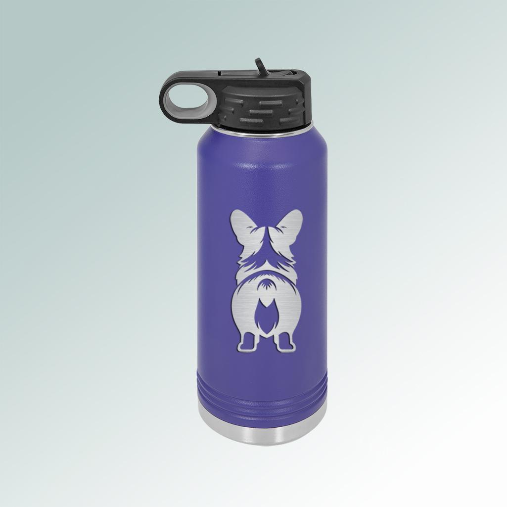 Personalized stainless steel corgi water bottle with your choice of corgi design and custom engraved text. 100+ corgi designs to choose from.